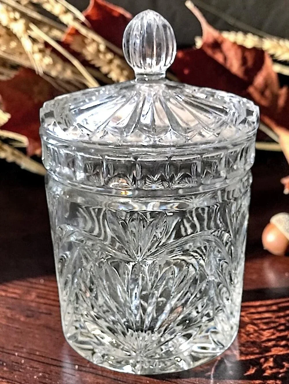 Vintage Crystal Biscuit Jar Candy 6” Lidded Vanity Canister Starburst Glass